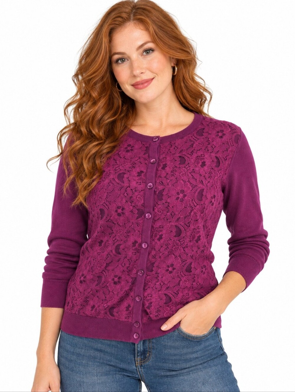 Charter Club Cardigan Petite L Acai Berry Purple Floral Lace NWT